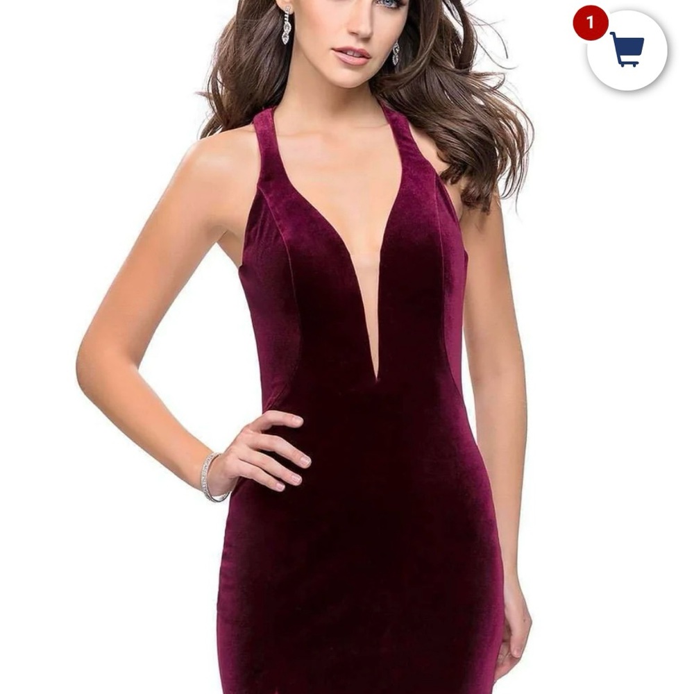 La Femme Wine Plunge Halter Dress